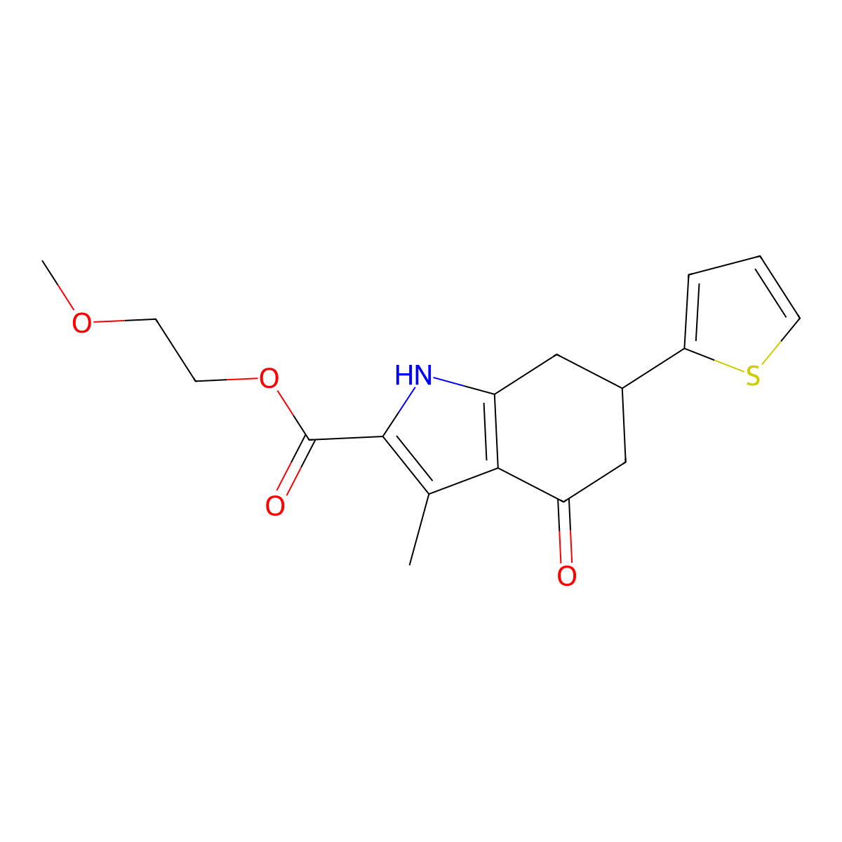 2-methoxyethyl 3-methyl-4-oxo-6-(thiophen-2-yl)-4,5,6,7-tetrahydro-1H-indole-2-carboxylate molecular structure, CAS 847483-25-4