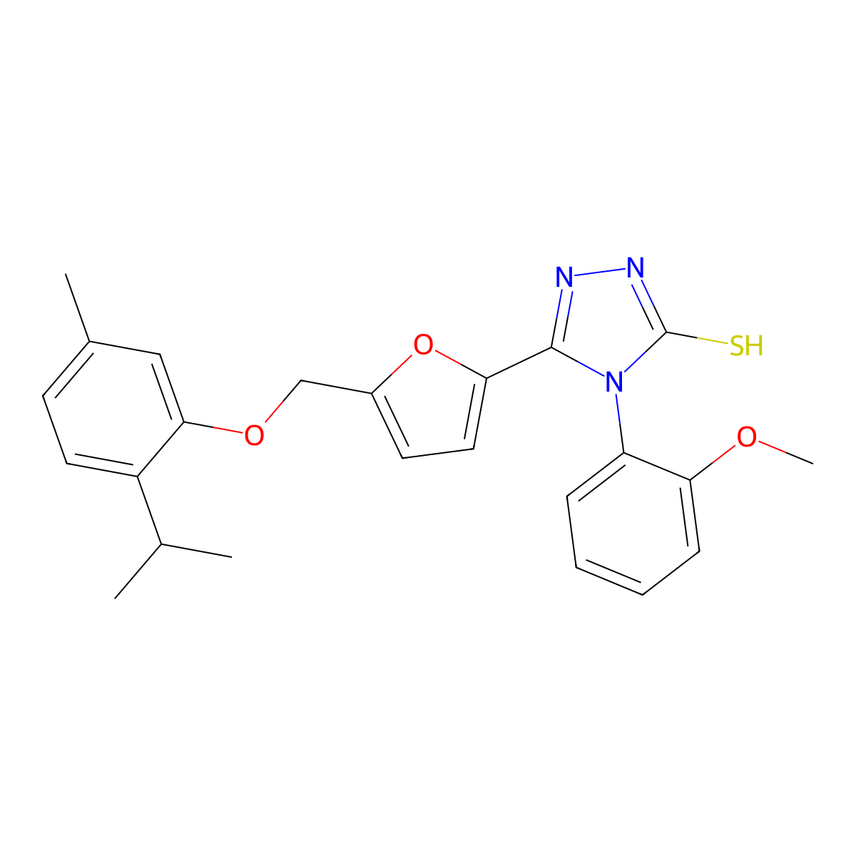 4-(2-methoxyphenyl)-5-(5-{[5-methyl-2-(propan-2-yl)phenoxy]methyl}furan-2-yl)-4H-1,2,4-triazole-3-thiol molecular structure, CAS 847504-55-6
