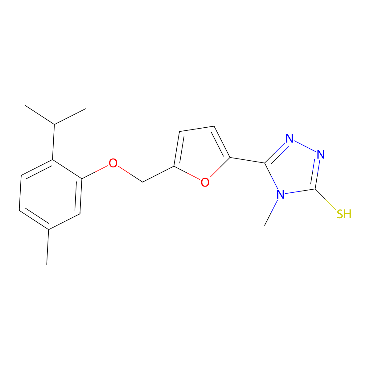 4-methyl-5-(5-{[5-methyl-2-(propan-2-yl)phenoxy]methyl}furan-2-yl)-4H-1,2,4-triazole-3-thiol molecular structure, CAS 847504-56-7