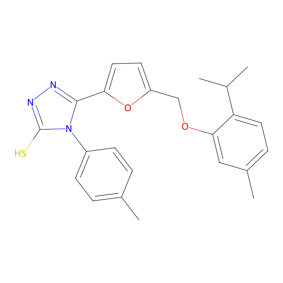 4-(4-methylphenyl)-5-(5-{[5-methyl-2-(propan-2-yl)phenoxy]methyl}furan-2-yl)-4H-1,2,4-triazole-3-thiol molecular structure, CAS 847504-57-8