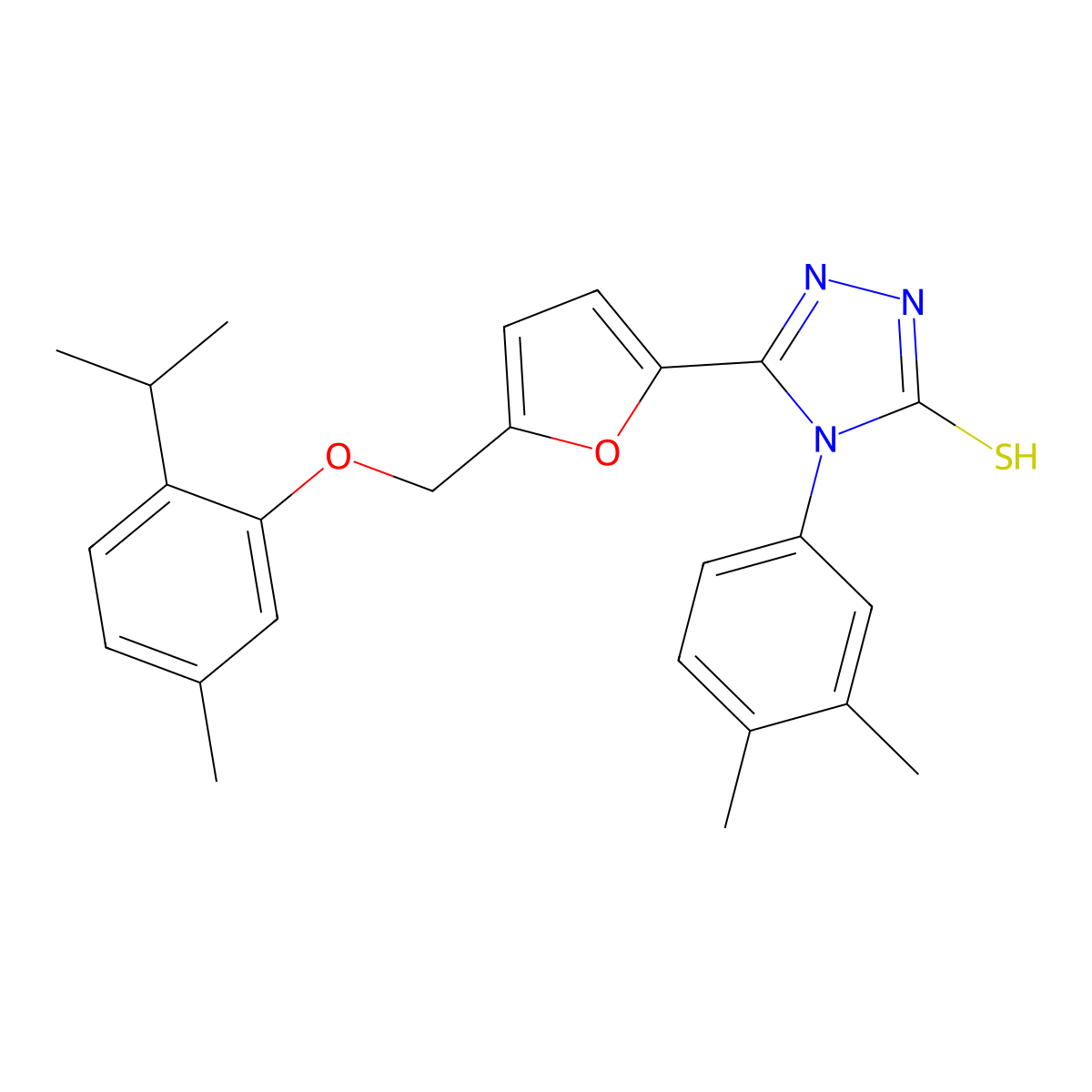 4-(3,4-dimethylphenyl)-5-(5-{[5-methyl-2-(propan-2-yl)phenoxy]methyl}furan-2-yl)-4H-1,2,4-triazole-3-thiol molecular structure, CAS 847504-63-6