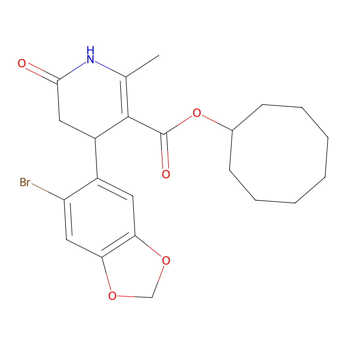 Cyclooctyl 4-(6-bromo-1,3-benzodioxol-5-yl)-2-methyl-6-oxo-1,4,5,6-tetrahydropyridine-3-carboxylate molecular structure, CAS 847508-89-8
