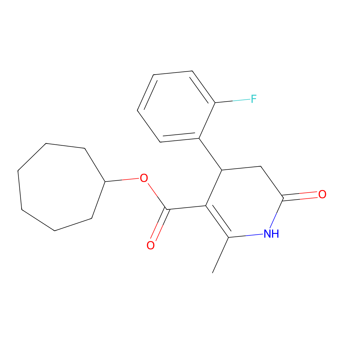 Cycloheptyl 4-(2-fluorophenyl)-2-methyl-6-oxo-1,4,5,6-tetrahydropyridine-3-carboxylate molecular structure, CAS 847509-08-4