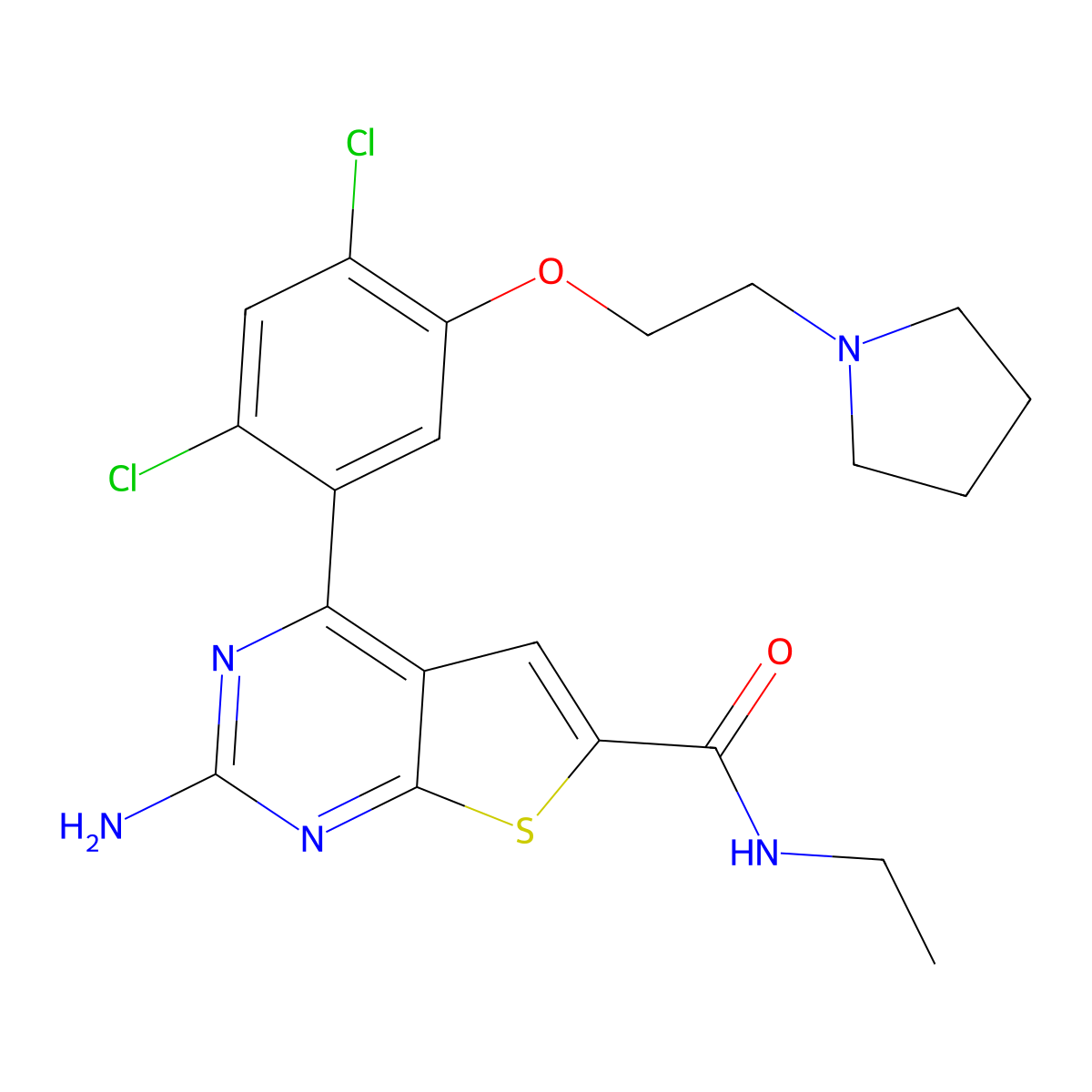2-amino-4-(2,4-dichloro-5-(2-pyrrolidin-1-ylethoxy)phenyl)-N-ethylthieno(2,3-d)pyrimidine-6-carboxamide molecular structure, CAS 847559-80-2