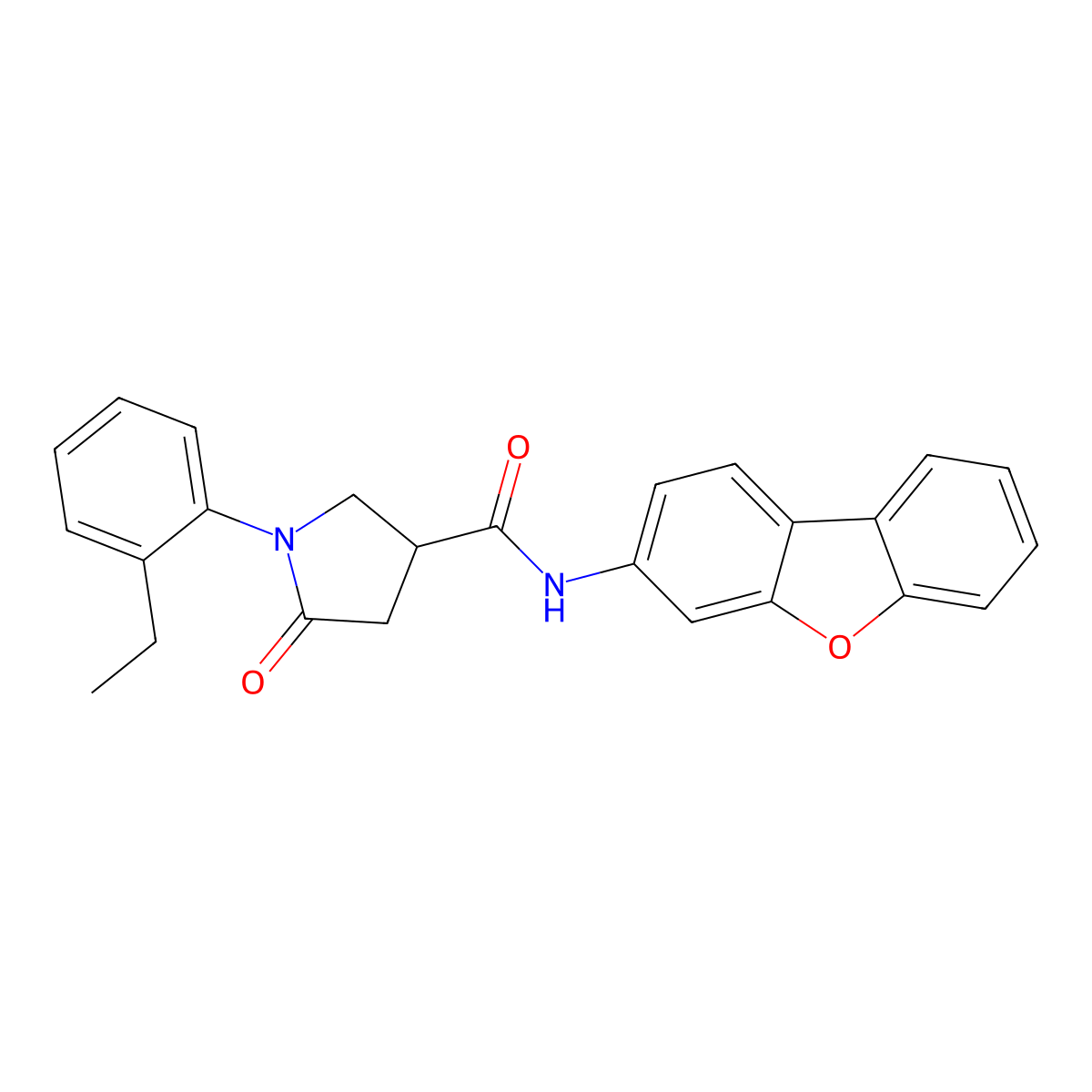 N-dibenzo[b,d]furan-3-yl-1-(2-ethylphenyl)-5-oxo-3-pyrrolidinecarboxamide molecular structure, CAS 847569-48-6