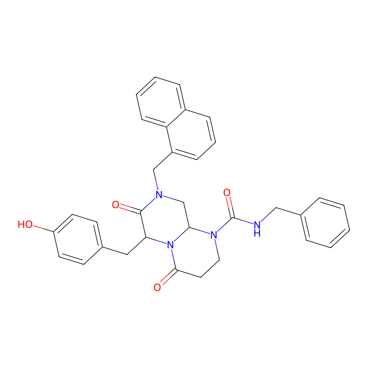 (6S,9aS)-6-(4-hydroxybenzyl)-N-benzyl-8-(naphthalen-1-ylmethyl)-4,7-dioxo-hexahydro-2H-pyrazino[1,2-a]pyrimidine-1(6H)-carboxamide molecular structure, CAS 847591-62-2