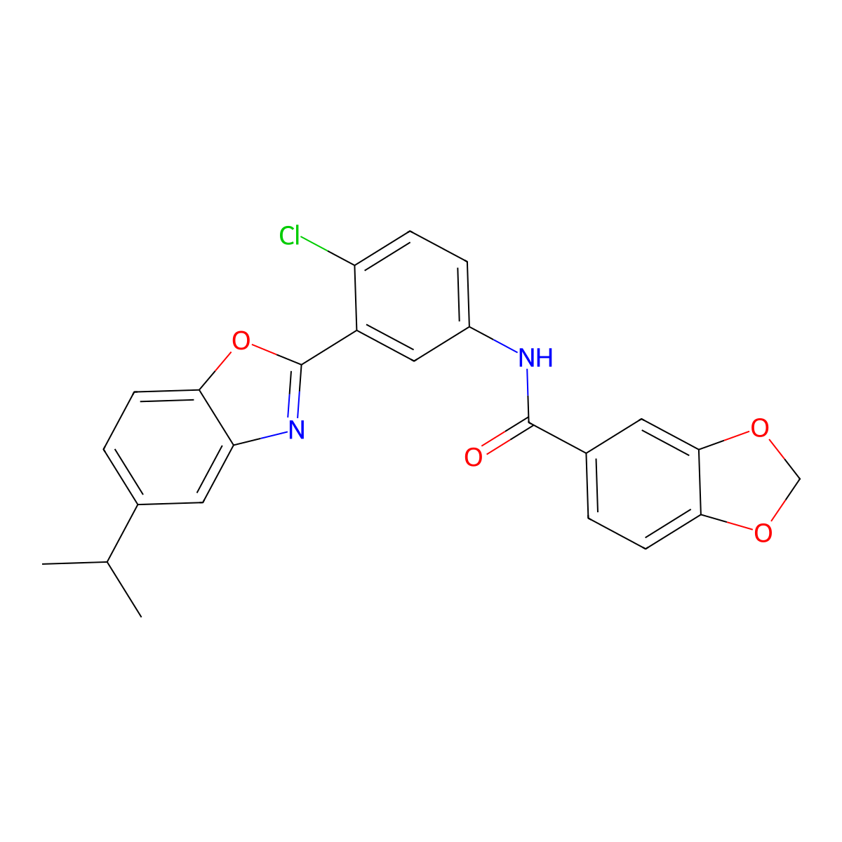 N-[4-chloro-3-(5-propan-2-yl-1,3-benzoxazol-2-yl)phenyl]-1,3-benzodioxole-5-carboxamide molecular structure, CAS 847700-85-0