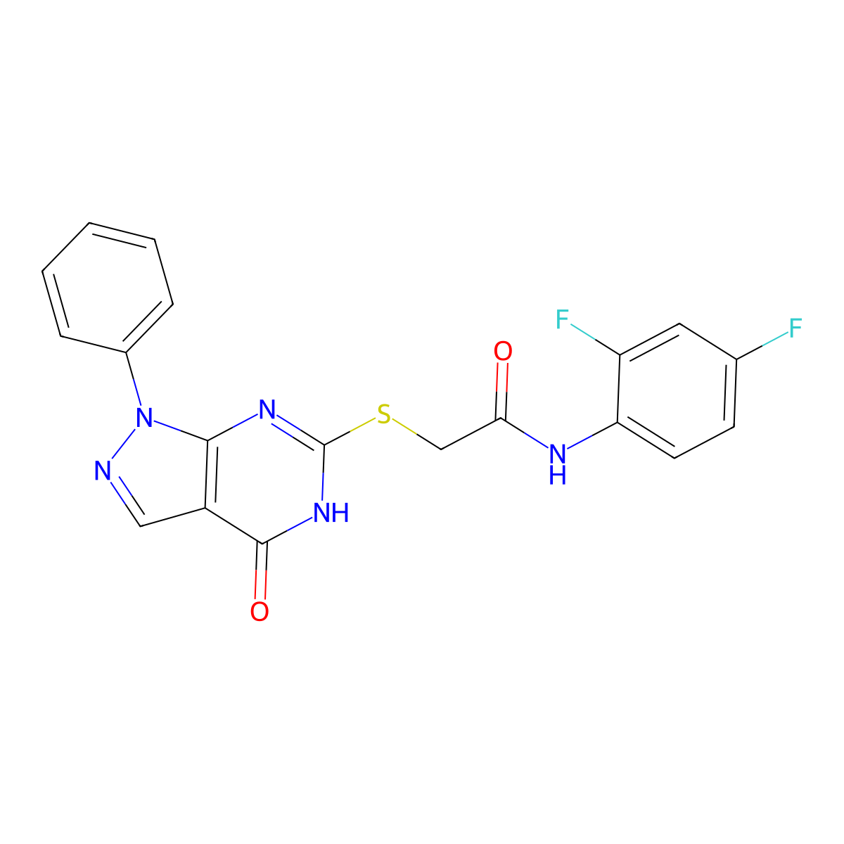 N-(2,4-difluorophenyl)-2-({4-oxo-1-phenyl-1H,4H,5H-pyrazolo[3,4-d]pyrimidin-6-yl}sulfanyl)acetamide molecular structure, CAS 847772-62-7