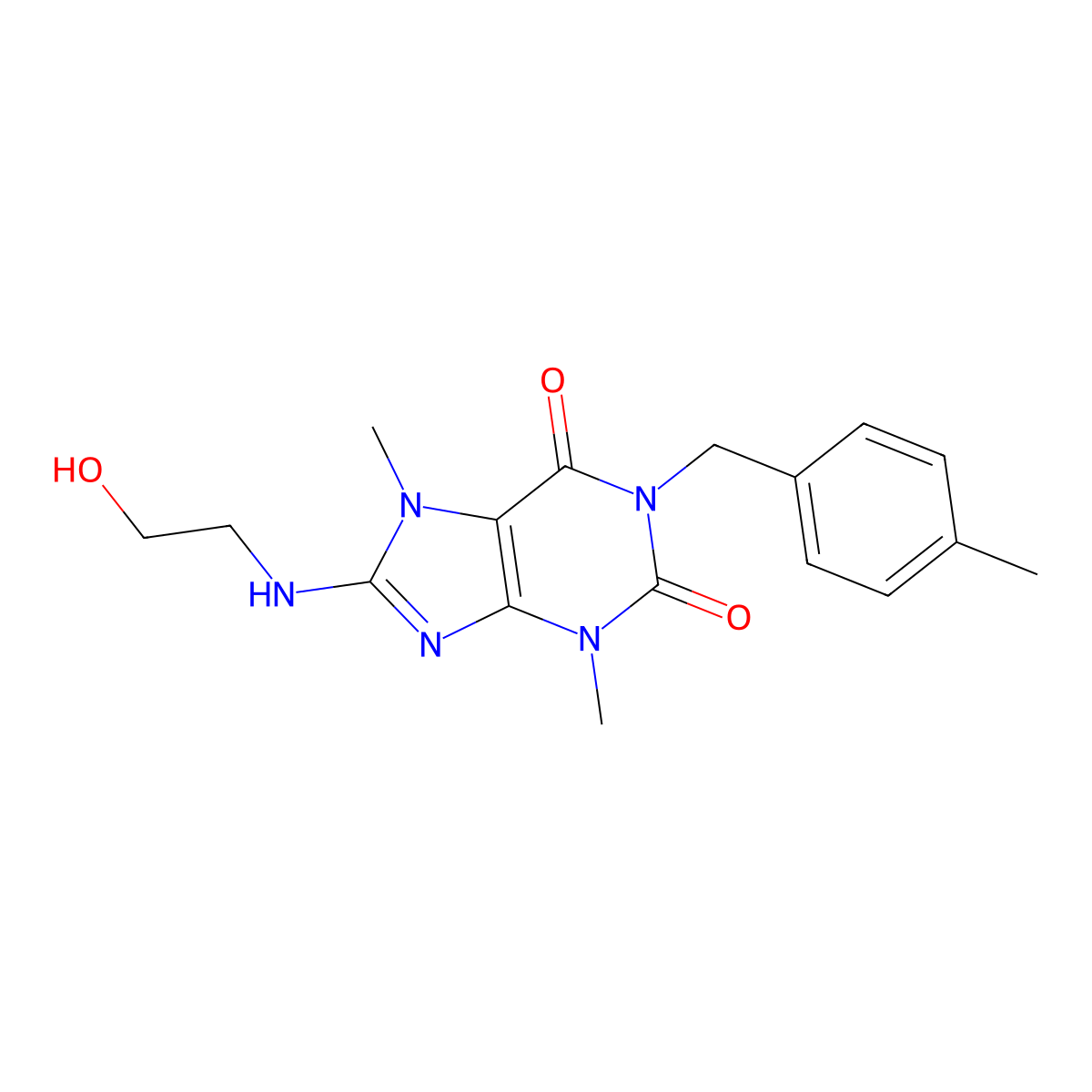 8-((2-hydroxyethyl)amino)-3,7-dimethyl-1-(4-methylbenzyl)-1H-purine-2,6(3H,7H)-dione molecular structure, CAS 847846-79-1
