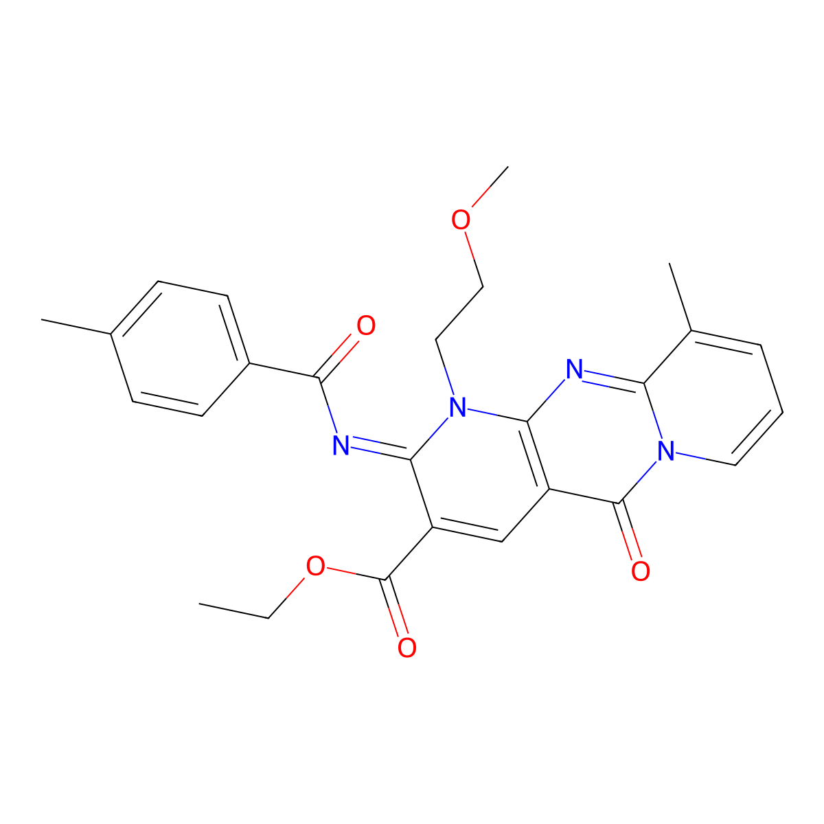 ethyl 1-(2-methoxyethyl)-10-methyl-2-[(4-methylbenzoyl)imino]-5-oxo-1,5-dihydro-2H-dipyrido[1,2-a:2,3-d]pyrimidine-3-carboxylate molecular structure, CAS 847855-32-7