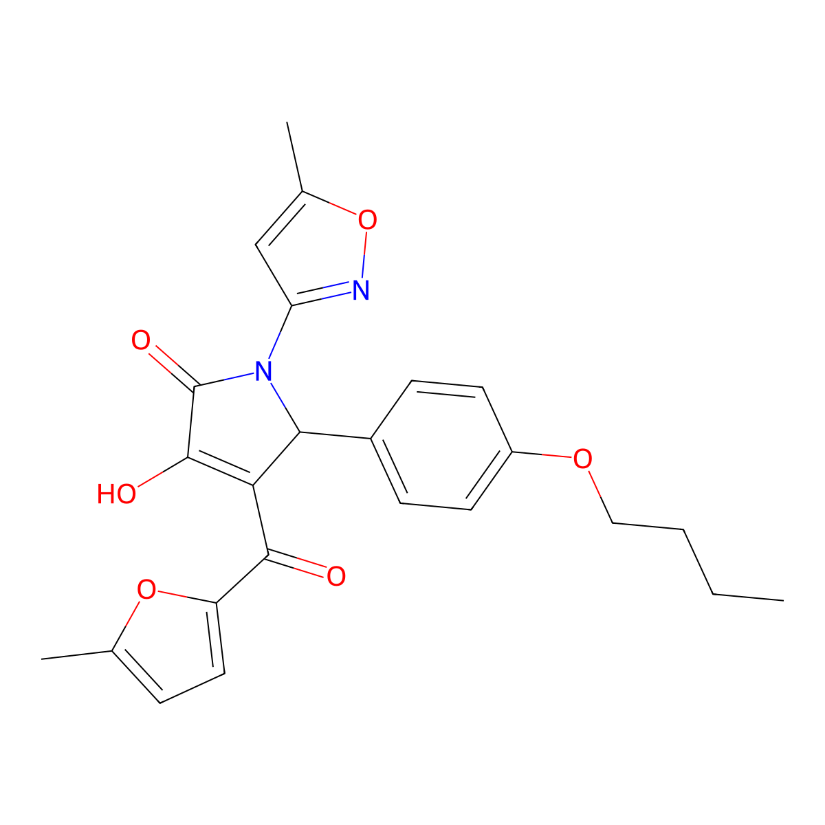 (4E)-5-(4-butoxyphenyl)-4-[hydroxy(5-methylfuran-2-yl)methylidene]-1-(5-methyl-1,2-oxazol-3-yl)pyrrolidine-2,3-dione molecular structure, CAS 847855-99-6