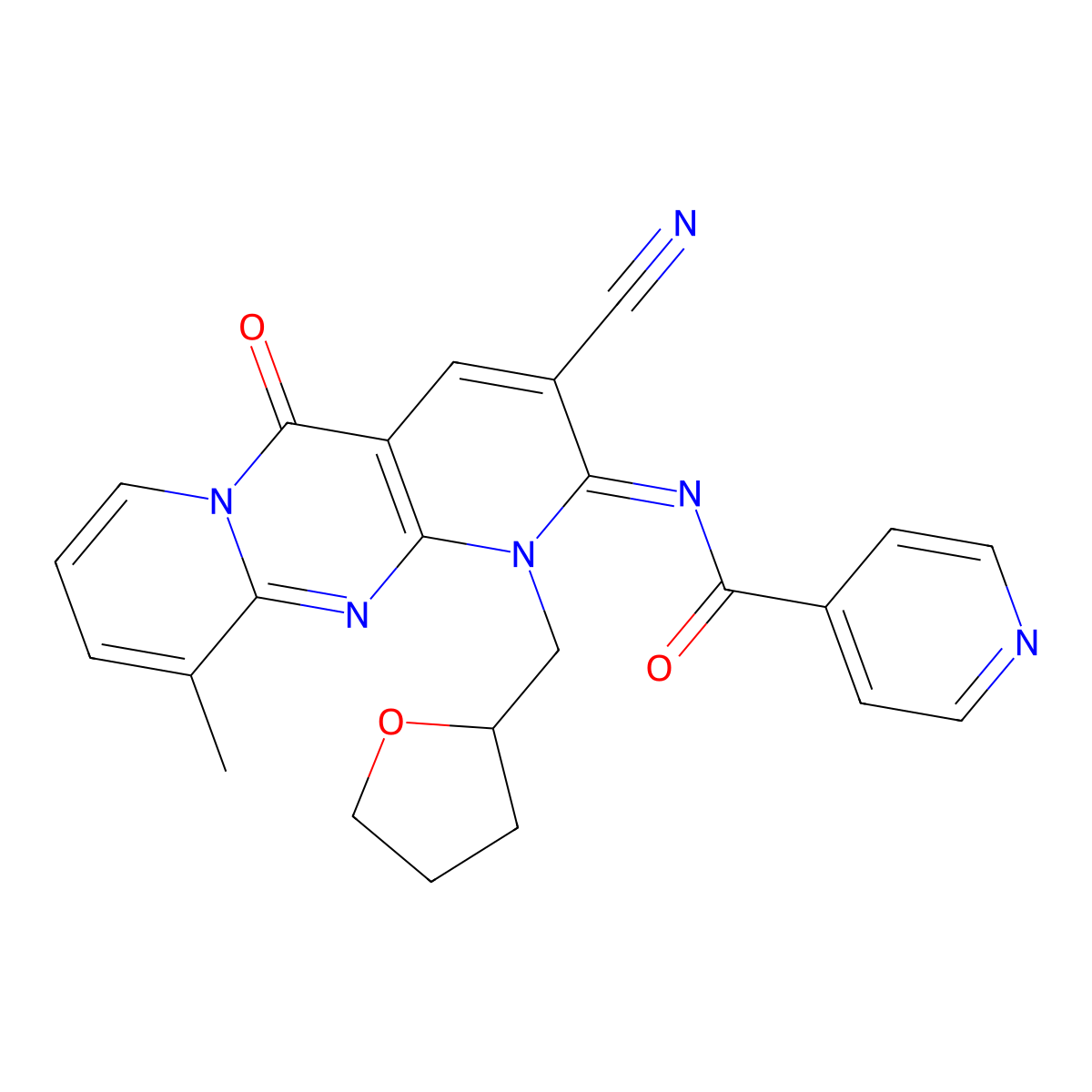 N-[3-cyano-10-methyl-5-oxo-1-(tetrahydro-2-furanylmethyl)-1,5-dihydro-2H-dipyrido[1,2-a:2,3-d]pyrimidin-2-ylidene]isonicotinamide molecular structure, CAS 847856-50-2