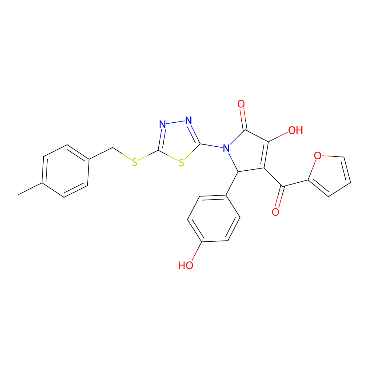 (4E)-4-[furan-2-yl(hydroxy)methylidene]-5-(4-hydroxyphenyl)-1-{5-[(4-methylbenzyl)sulfanyl]-1,3,4-thiadiazol-2-yl}pyrrolidine-2,3-dione molecular structure, CAS 847857-67-4