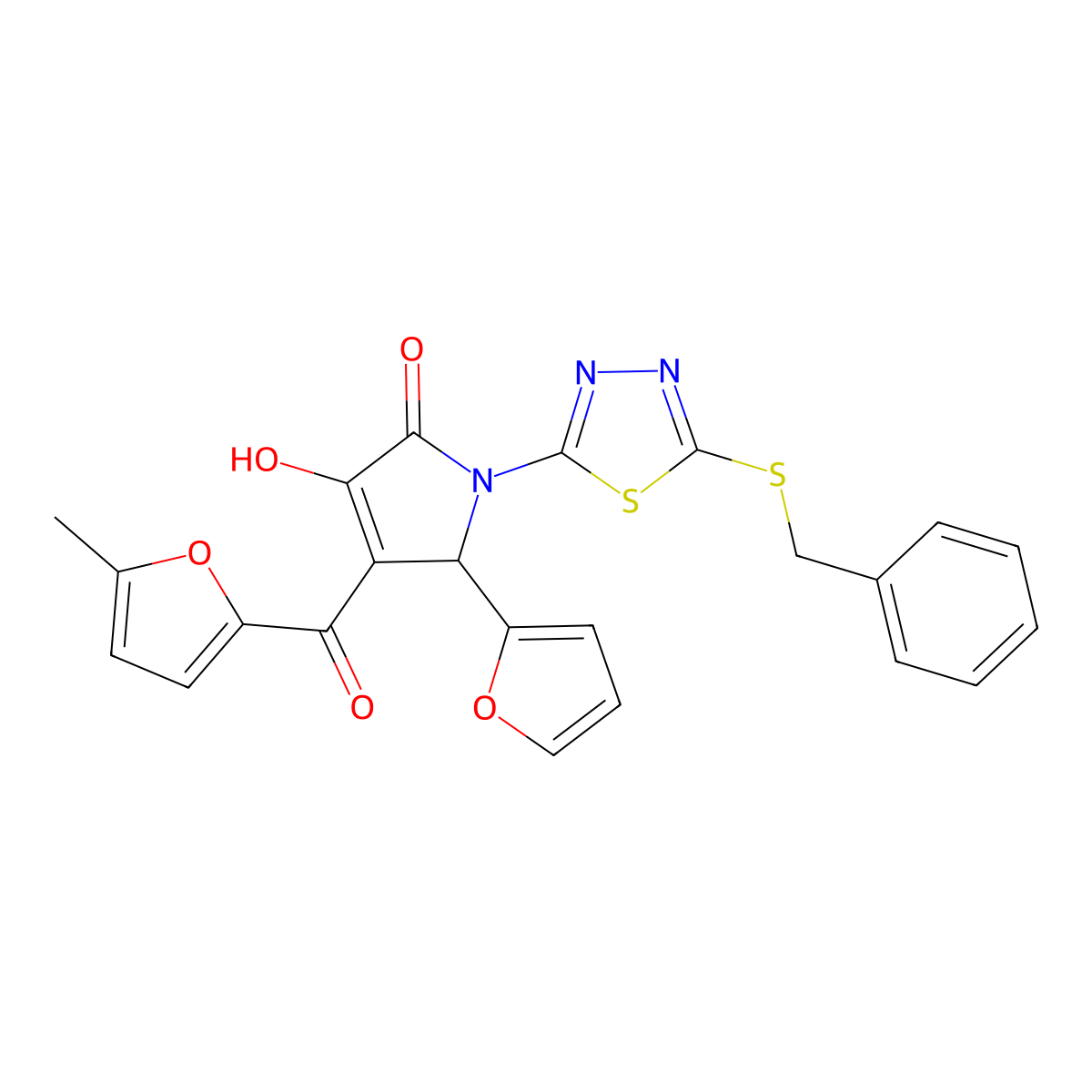 (4E)-1-[5-(benzylsulfanyl)-1,3,4-thiadiazol-2-yl]-5-(furan-2-yl)-4-[hydroxy(5-methylfuran-2-yl)methylidene]pyrrolidine-2,3-dione molecular structure, CAS 847858-53-1