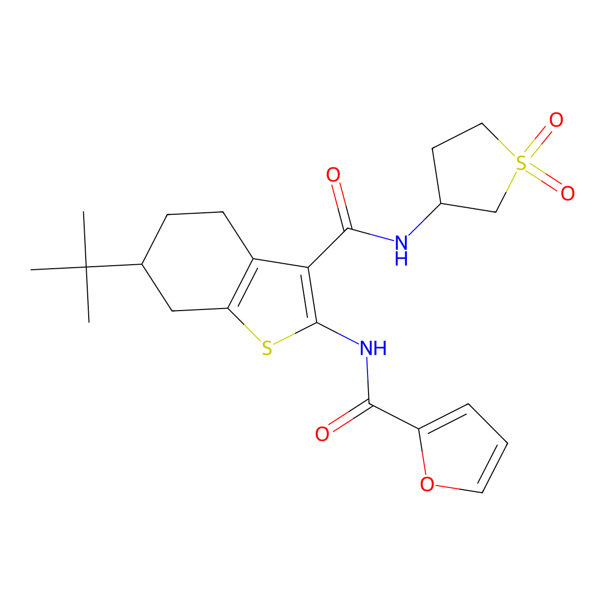N-{6-tert-butyl-3-[(1,1-dioxidotetrahydrothiophen-3-yl)carbamoyl]-4,5,6,7-tetrahydro-1-benzothiophen-2-yl}furan-2-carboxamide molecular structure, CAS 847858-75-7