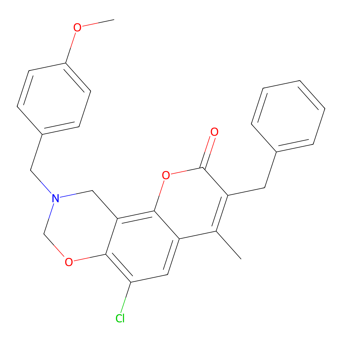 3-benzyl-6-chloro-9-(4-methoxybenzyl)-4-methyl-9,10-dihydro-2H,8H-chromeno[8,7-e][1,3]oxazin-2-one molecular structure, CAS 847858-89-3