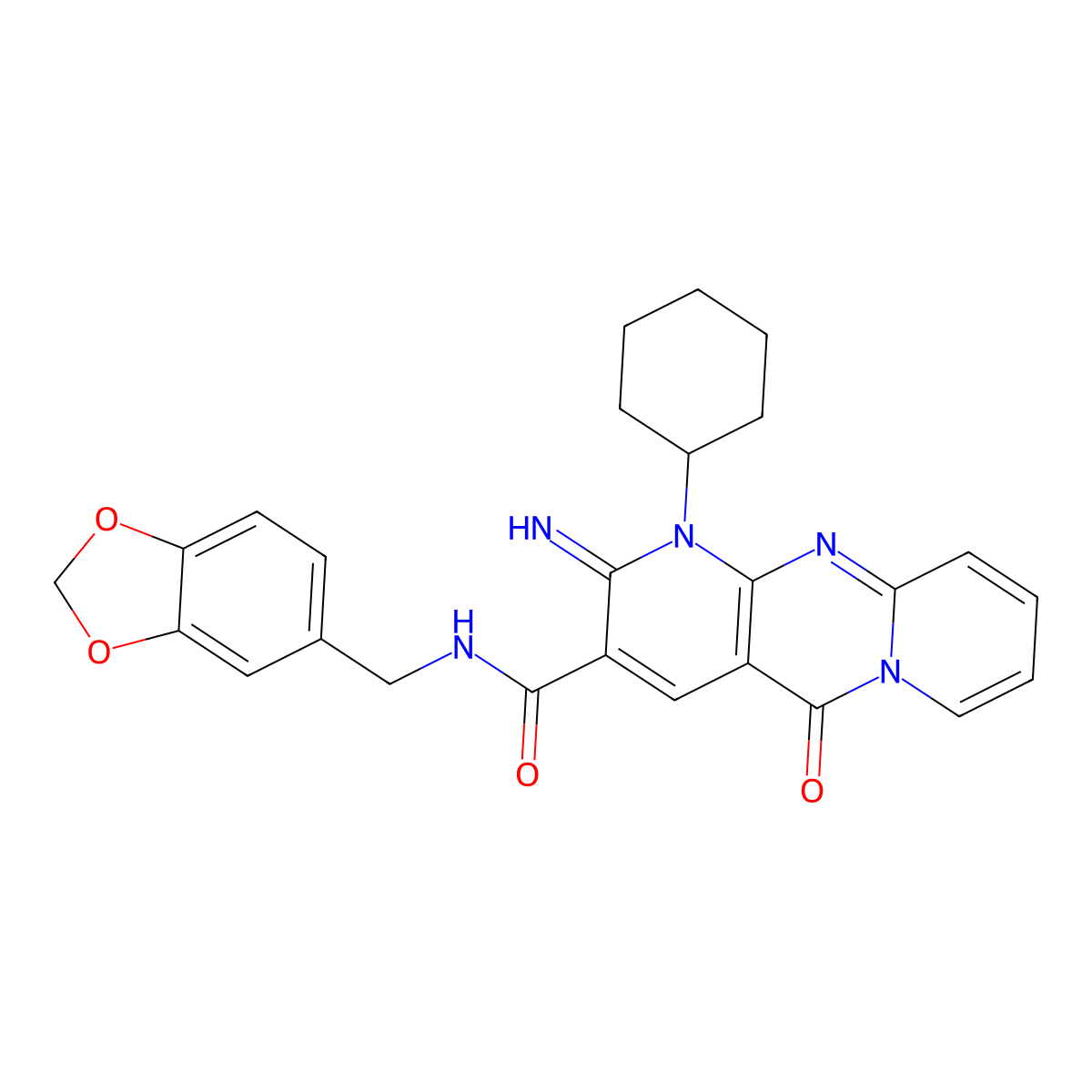 N-(1,3-Benzodioxol-5-ylmethyl)-7-cyclohexyl-6-imino-2-oxo-1,7,9-triazatricyclo[8.4.0.03,8]tetradeca-3(8),4,9,11,13-pentaene-5-carboxamide molecular structure, CAS 847859-63-6
