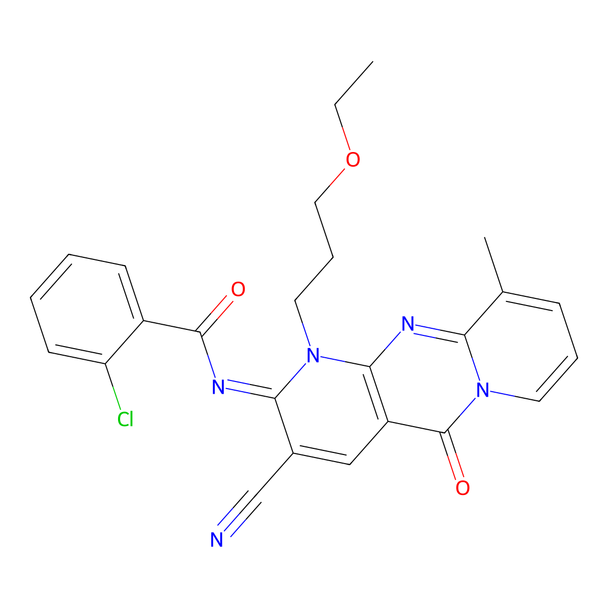 (E)-2-chloro-N-(3-cyano-1-(3-ethoxypropyl)-10-methyl-5-oxo-1H-dipyrido[1,2-a:2',3'-d]pyrimidin-2(5H)-ylidene)benzamide molecular structure, CAS 847914-95-8