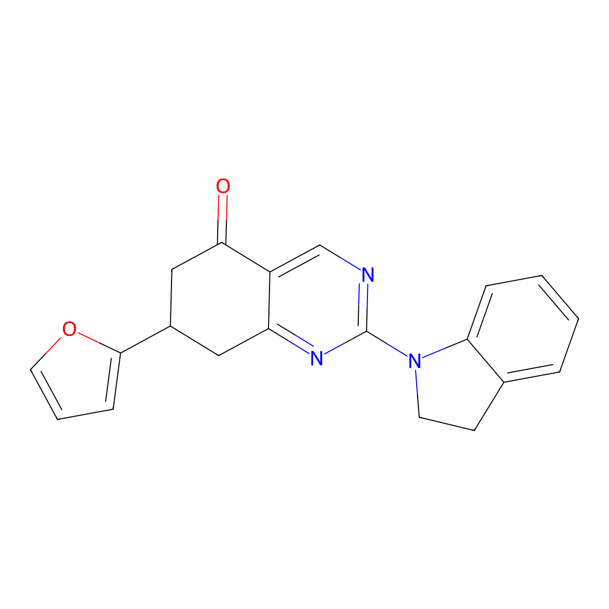 2-(2,3-dihydro-1H-indol-1-yl)-7-(furan-2-yl)-7,8-dihydroquinazolin-5(6H)-one molecular structure, CAS 847915-02-0