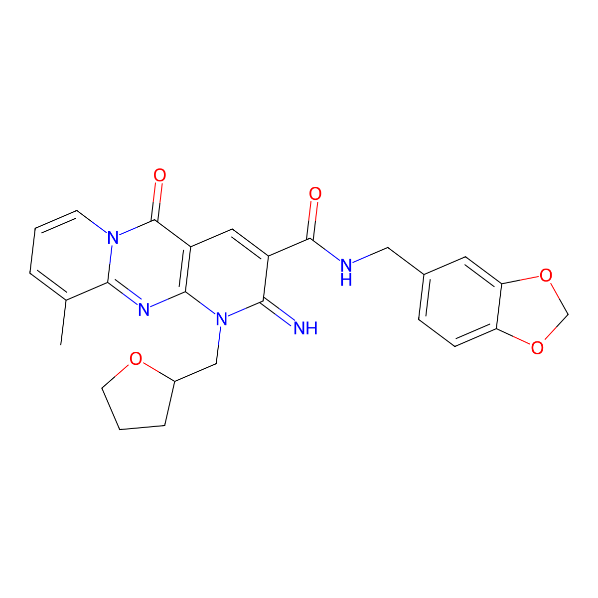 N-(1,3-benzodioxol-5-ylmethyl)-2-imino-10-methyl-5-oxo-1-(tetrahydrofuran-2-ylmethyl)-1,5-dihydro-2H-dipyrido[1,2-a:2',3'-d]pyrimidine-3-carboxamide molecular structure, CAS 847915-27-9