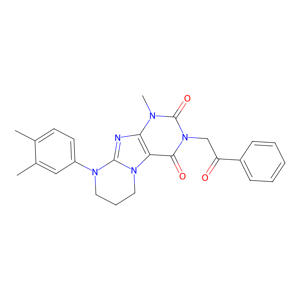 9-(3,4-dimethylphenyl)-1-methyl-3-(2-oxo-2-phenylethyl)-1H,2H,3H,4H,6H,7H,8H,9H-pyrimido[1,2-g]purine-2,4-dione molecular structure, CAS 847915-38-2