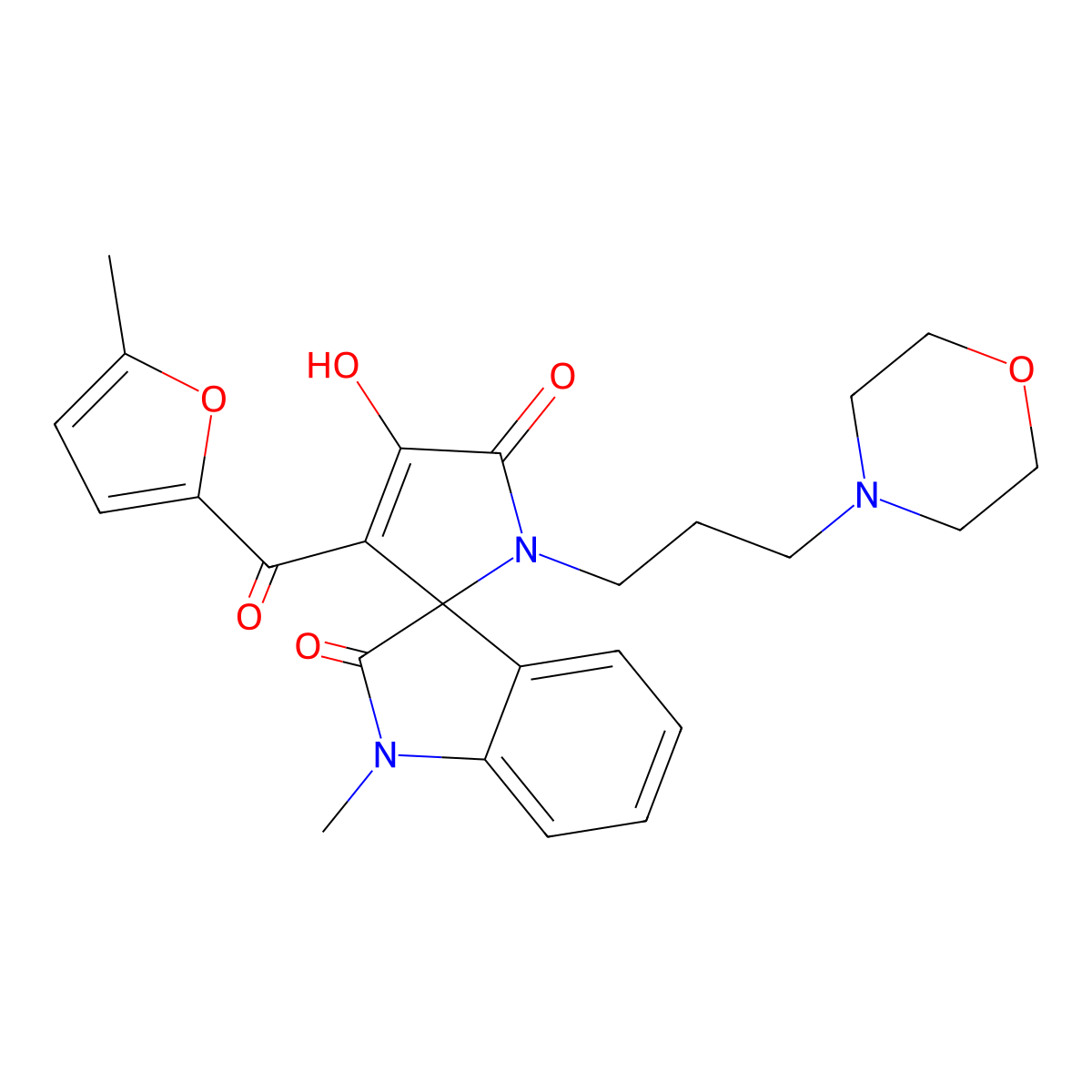 4'-hydroxy-1-methyl-3'-[(5-methylfuran-2-yl)carbonyl]-1'-[3-(morpholin-4-yl)propyl]spiro[indole-3,2'-pyrrole]-2,5'(1H,1'H)-dione molecular structure, CAS 847916-24-9