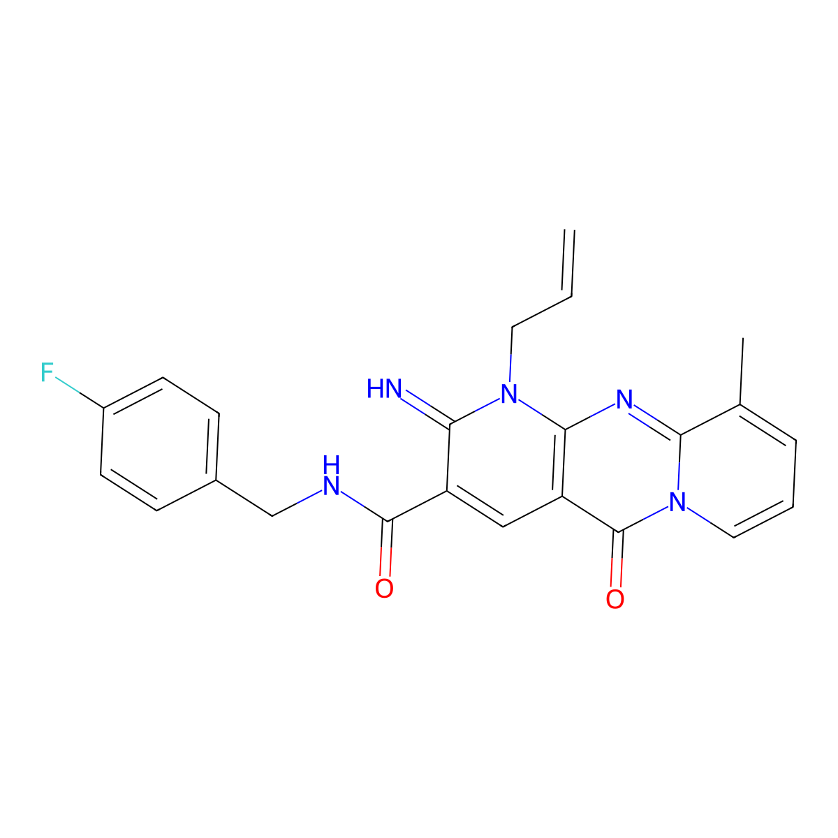 N-[(4-fluorophenyl)methyl]-6-imino-11-methyl-2-oxo-7-prop-2-enyl-1,7,9-triazatricyclo[8.4.0.03,8]tetradeca-3(8),4,9,11,13-pentaene-5-carboxamide molecular structure, CAS 847916-47-6