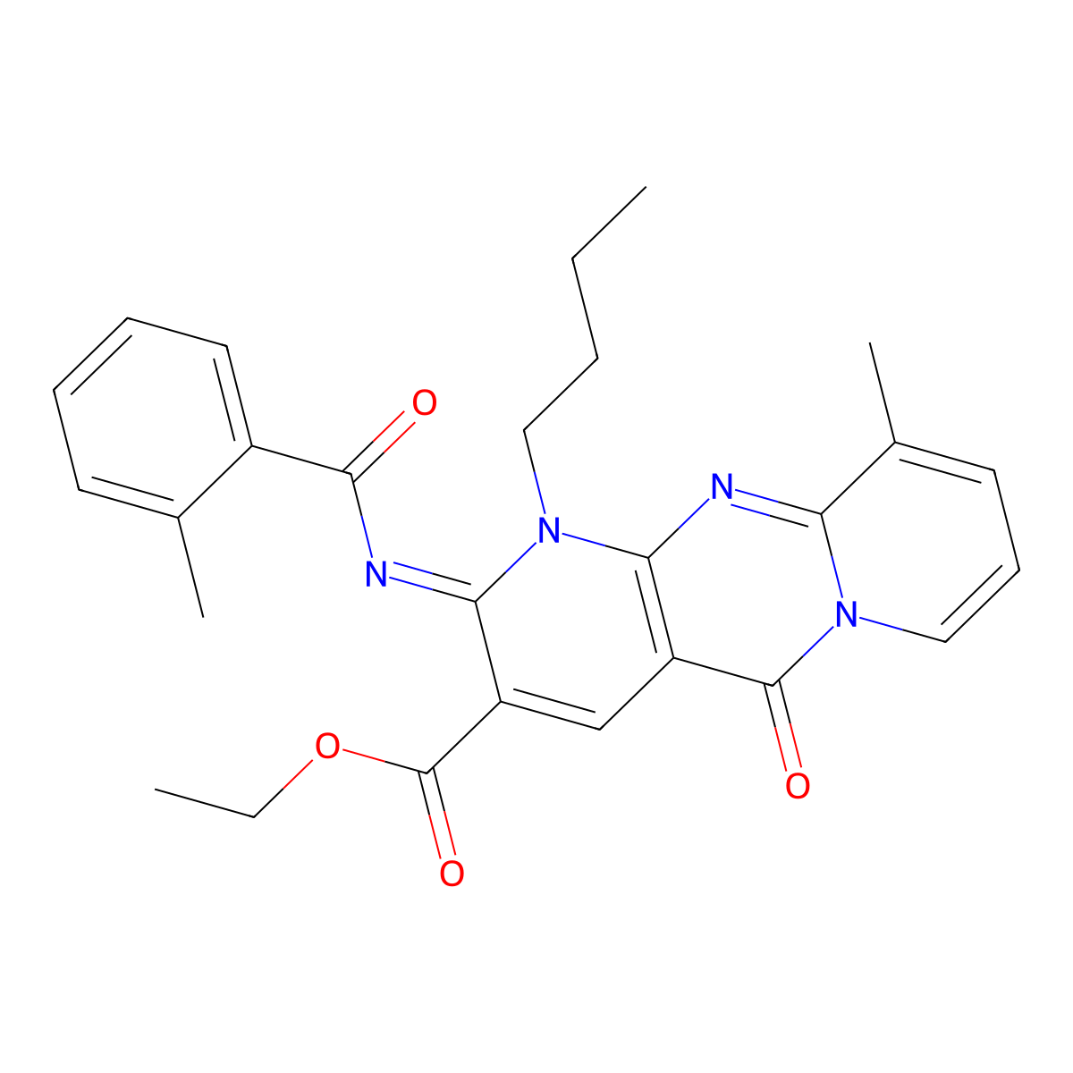 ethyl 1-butyl-10-methyl-2-[(2-methylbenzoyl)imino]-5-oxo-1,5-dihydro-2H-dipyrido[1,2-a:2,3-d]pyrimidine-3-carboxylate molecular structure, CAS 847916-63-6