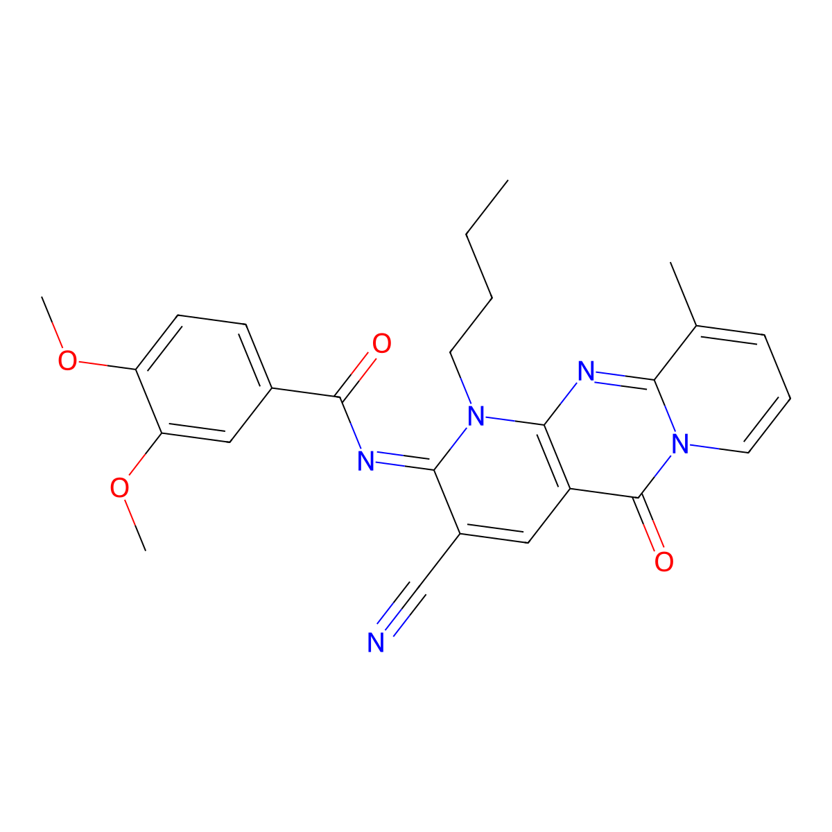 N-(1-butyl-3-cyano-10-methyl-5-oxo-1,5-dihydro-2H-dipyrido[1,2-a:2,3-d]pyrimidin-2-ylidene)-3,4-dimethoxybenzamide molecular structure, CAS 847917-30-0