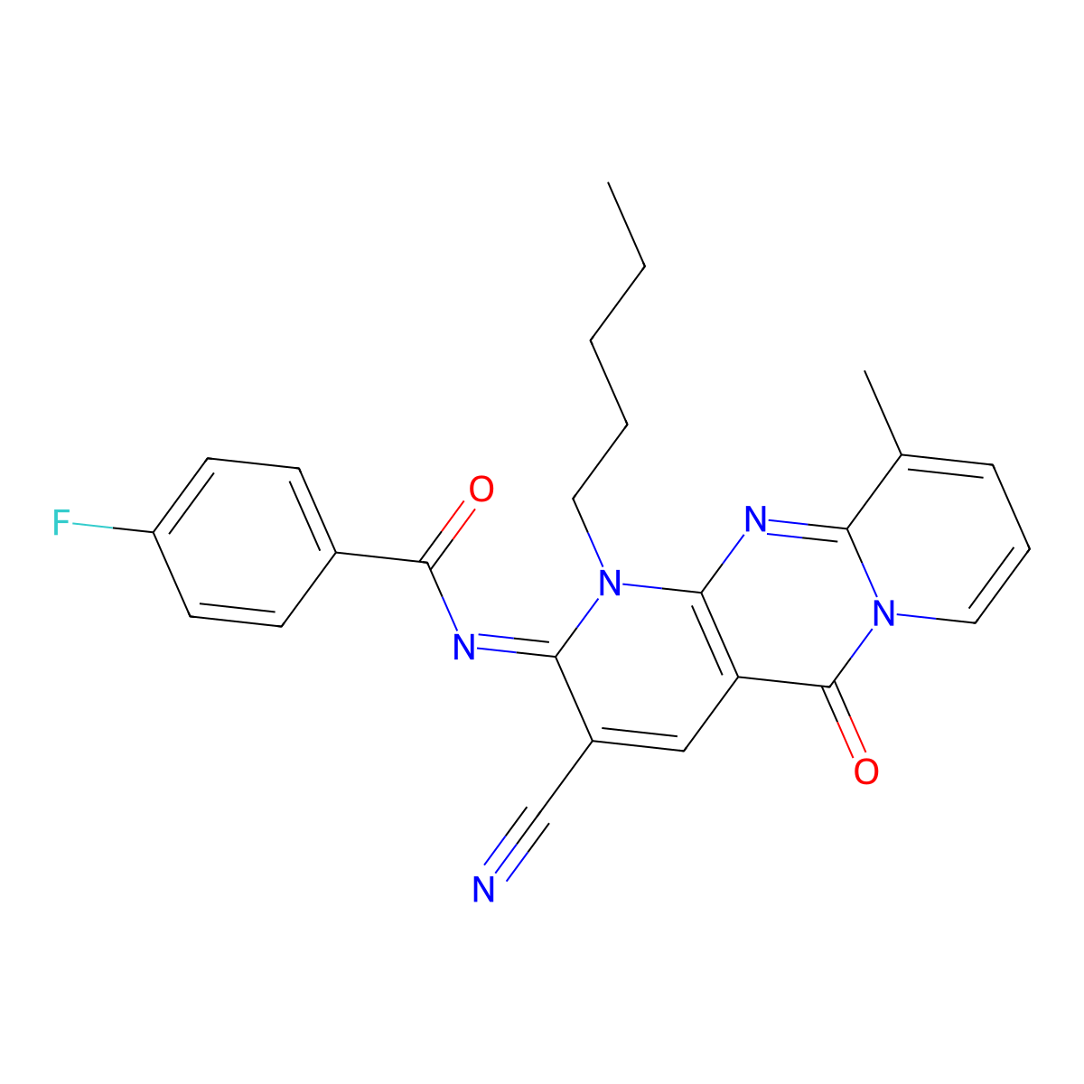 N-(3-cyano-10-methyl-5-oxo-1-pentyl-1,5-dihydro-2H-dipyrido[1,2-a:2,3-d]pyrimidin-2-ylidene)-4-fluorobenzamide molecular structure, CAS 847917-56-0