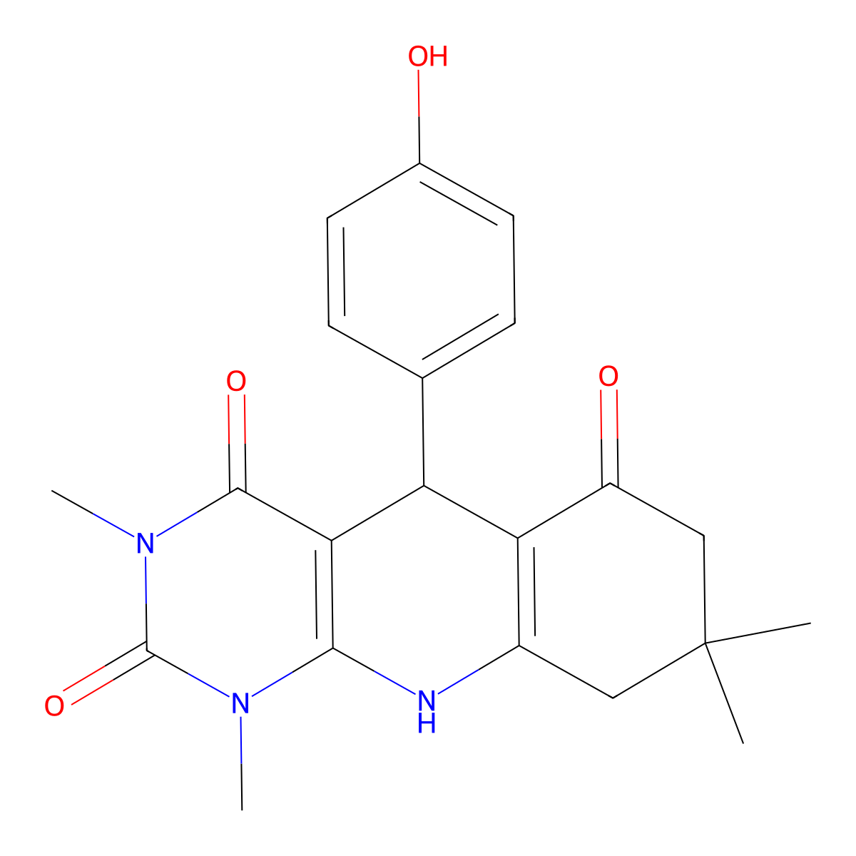 5-(4-hydroxyphenyl)-1,3,8,8-tetramethyl-5,8,9,10-tetrahydropyrimido[4,5-b]quinoline-2,4,6(1H,3H,7H)-trione molecular structure, CAS 848029-19-6