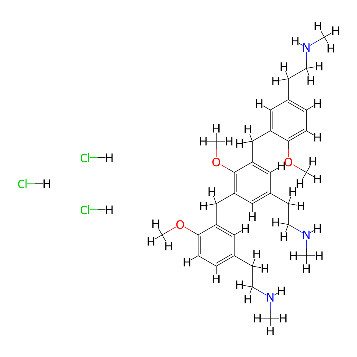 2-[4-methoxy-3-[[2-methoxy-3-[[2-methoxy-5-[2-(methylamino)ethyl]phenyl]methyl]-5-[2-(methylamino)ethyl]phenyl]methyl]phenyl]-N-methylethanamine;trihydrochloride molecular structure, CAS 848035-21-2