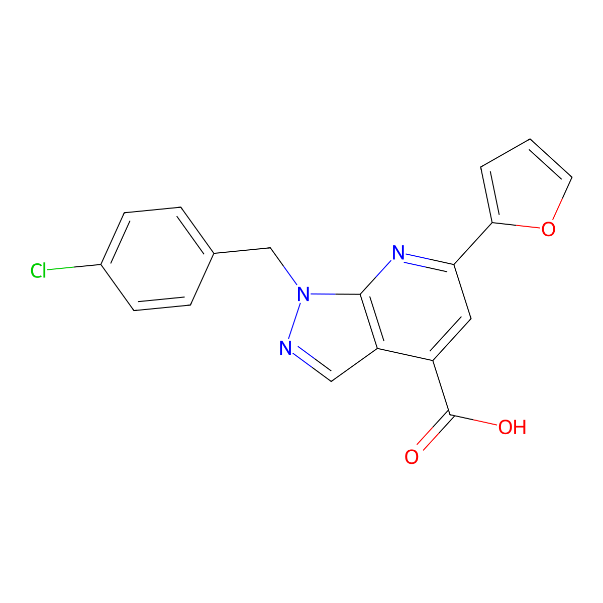 1-[(4-chlorophenyl)methyl]-6-(furan-2-yl)-1H-pyrazolo[3,4-b]pyridine-4-carboxylic acid molecular structure, CAS 848052-86-8