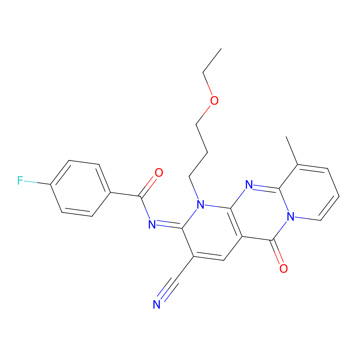 (E)-N-(3-cyano-1-(3-ethoxypropyl)-10-methyl-5-oxo-1H-dipyrido[1,2-a:2',3'-d]pyrimidin-2(5H)-ylidene)-4-fluorobenzamide molecular structure, CAS 848057-95-4