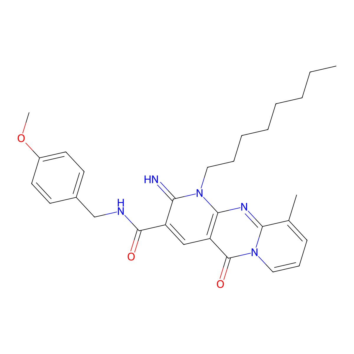 2-imino-N-(4-methoxybenzyl)-10-methyl-1-octyl-5-oxo-1,5-dihydro-2H-dipyrido[1,2-a:2',3'-d]pyrimidine-3-carboxamide molecular structure, CAS 848062-07-7