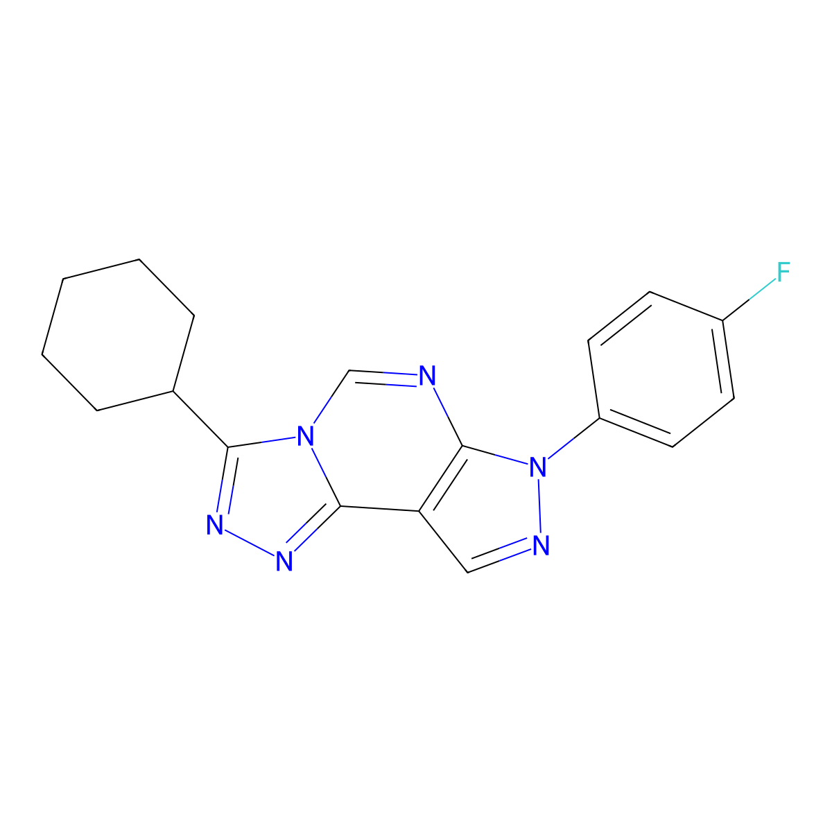 5-Cyclohexyl-10-(4-fluorophenyl)-3,4,6,8,10,11-hexaazatricyclo[7.3.0.0^{2,6}]dodeca-1(9),2,4,7,11-pentaene molecular structure, CAS 848063-38-7