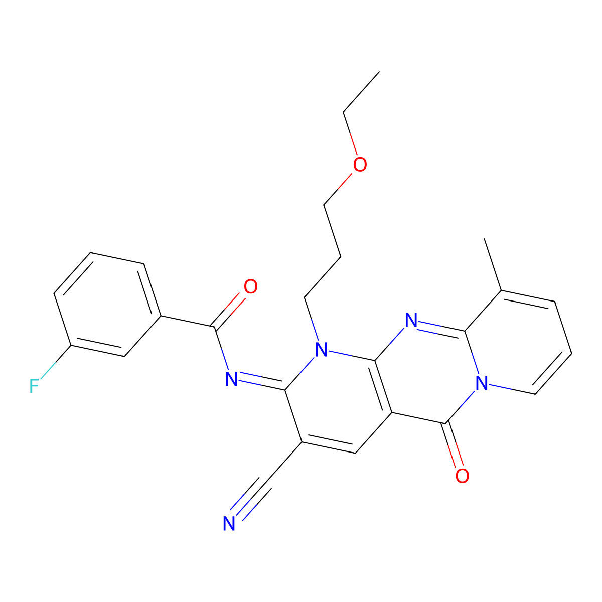 (E)-N-(3-cyano-1-(3-ethoxypropyl)-10-methyl-5-oxo-1H-dipyrido[1,2-a:2',3'-d]pyrimidin-2(5H)-ylidene)-3-fluorobenzamide molecular structure, CAS 848063-42-3