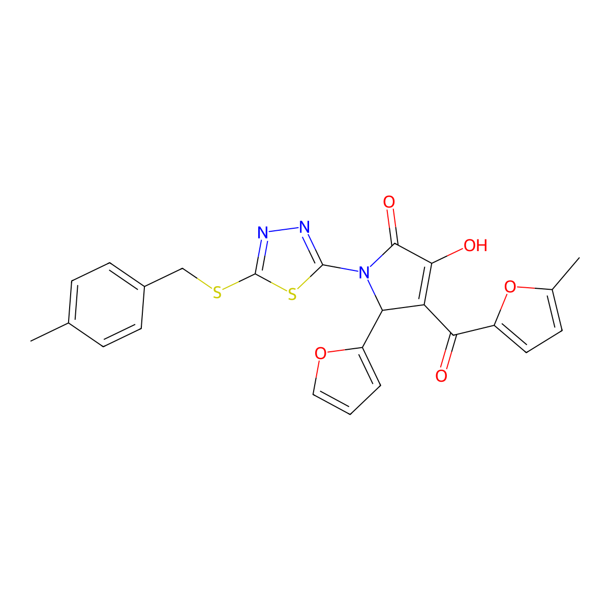 (4E)-5-(furan-2-yl)-4-[hydroxy(5-methylfuran-2-yl)methylidene]-1-{5-[(4-methylbenzyl)sulfanyl]-1,3,4-thiadiazol-2-yl}pyrrolidine-2,3-dione molecular structure, CAS 848063-68-3