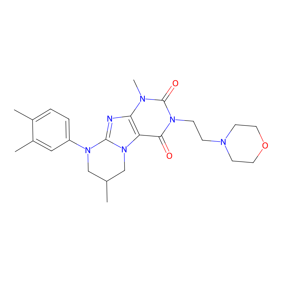 9-(3,4-dimethylphenyl)-1,7-dimethyl-3-[2-(morpholin-4-yl)ethyl]-1H,2H,3H,4H,6H,7H,8H,9H-pyrimido[1,2-g]purine-2,4-dione molecular structure, CAS 848064-38-0