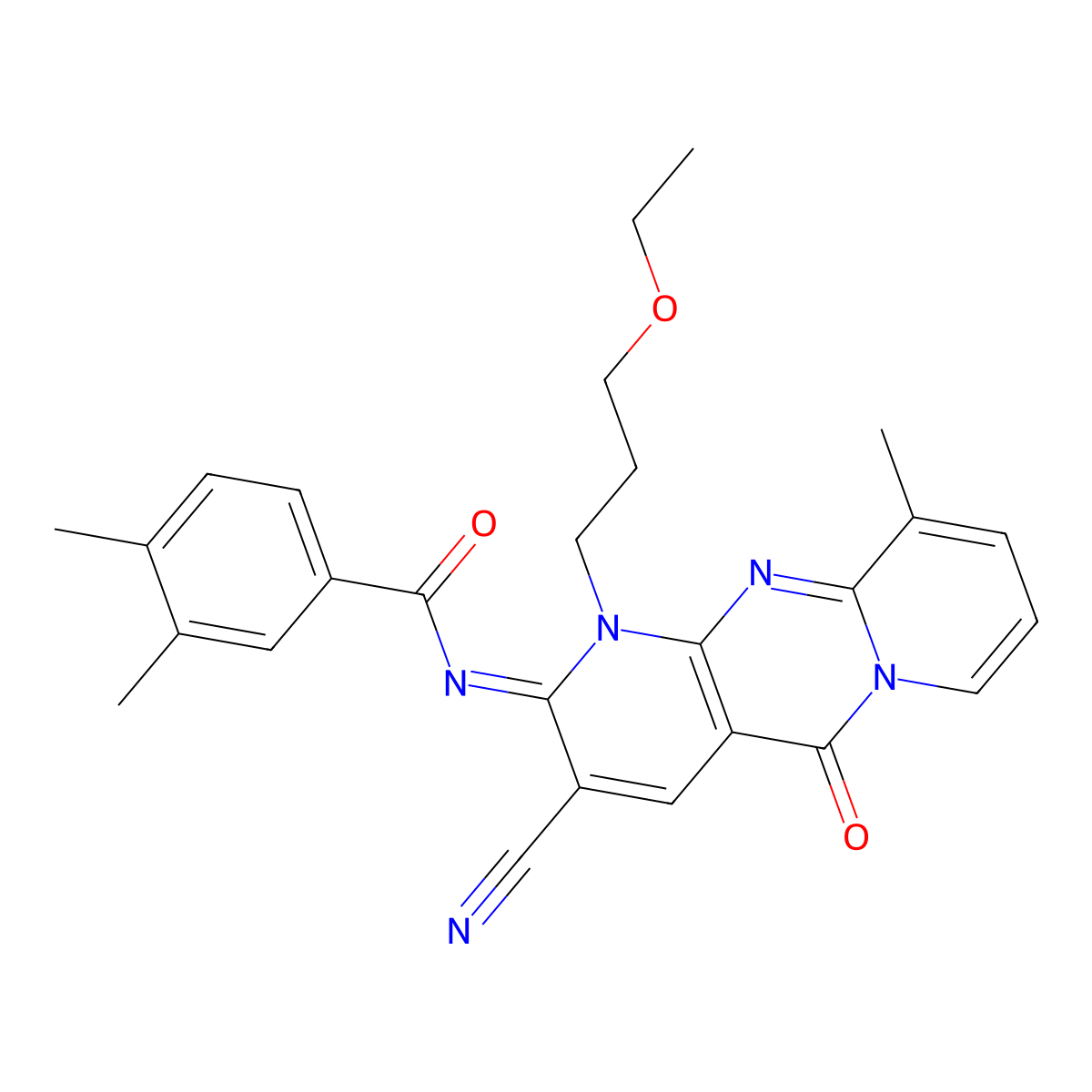 (E)-N-(3-cyano-1-(3-ethoxypropyl)-10-methyl-5-oxo-1H-dipyrido[1,2-a:2',3'-d]pyrimidin-2(5H)-ylidene)-3,4-dimethylbenzamide molecular structure, CAS 848064-51-7