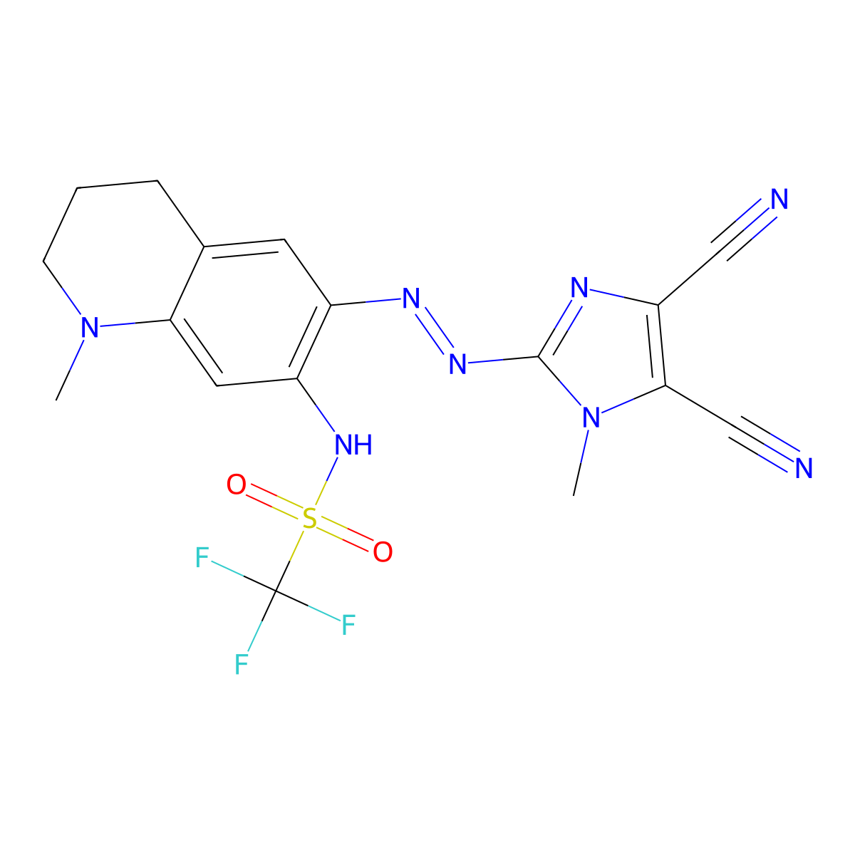 N-(6-((4,5-Dicyano-1-methyl-1H-imidazol-2-yl)diazenyl)-1-methyl-1,2,3,4-tetrahydroquinolin-7-yl)-1,1,1-trifluoromethanesulfonamide molecular structure, CAS 848080-39-7
