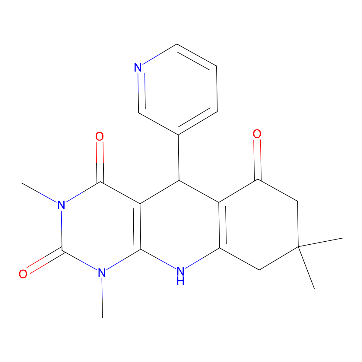 1,3,8,8-Tetramethyl-5-pyridin-3-yl-5,7,9,10-tetrahydropyrimido[4,5-b]quinoline-2,4,6-trione molecular structure, CAS 848178-90-5