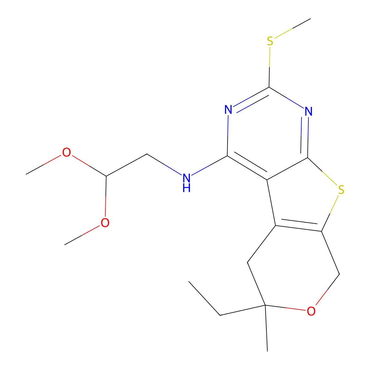 N-(2,2-dimethoxyethyl)-6-ethyl-6-methyl-2-methylsulfanyl-5,8-dihydropyrano[4,5]thieno[1,2-c]pyrimidin-4-amine molecular structure, CAS 848203-58-7