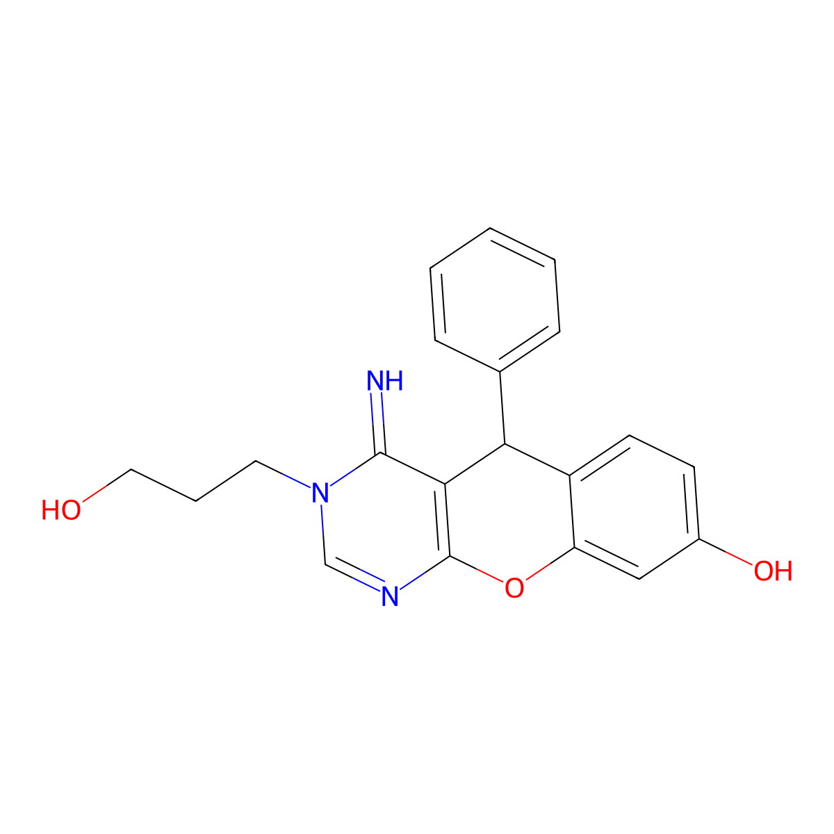 3-(3-hydroxypropyl)-4-imino-5-phenyl-5H-chromeno[2,3-d]pyrimidin-8-ol molecular structure, CAS 848203-80-5