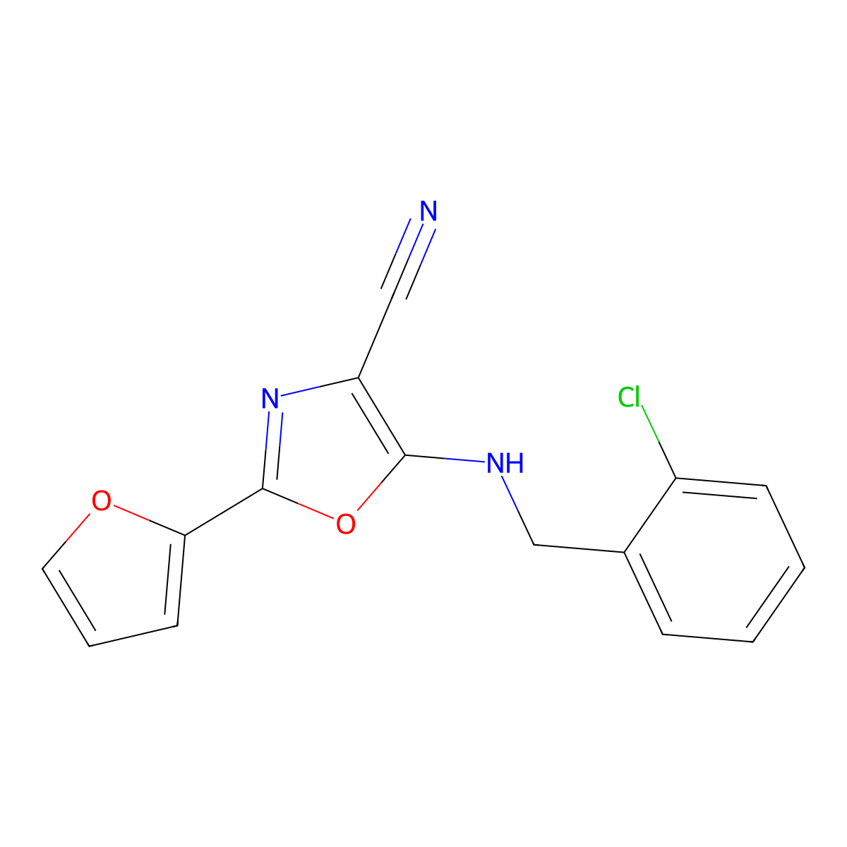 5-[(2-Chlorophenyl)methylamino]-2-(furan-2-yl)-1,3-oxazole-4-carbonitrile molecular structure, CAS 848205-47-0