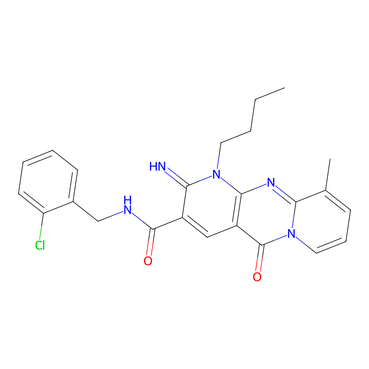 7-butyl-N-[(2-chlorophenyl)methyl]-6-imino-11-methyl-2-oxo-1,7,9-triazatricyclo[8.4.0.0^{3,8}]tetradeca-3(8),4,9,11,13-pentaene-5-carboxamide molecular structure, CAS 848205-83-4