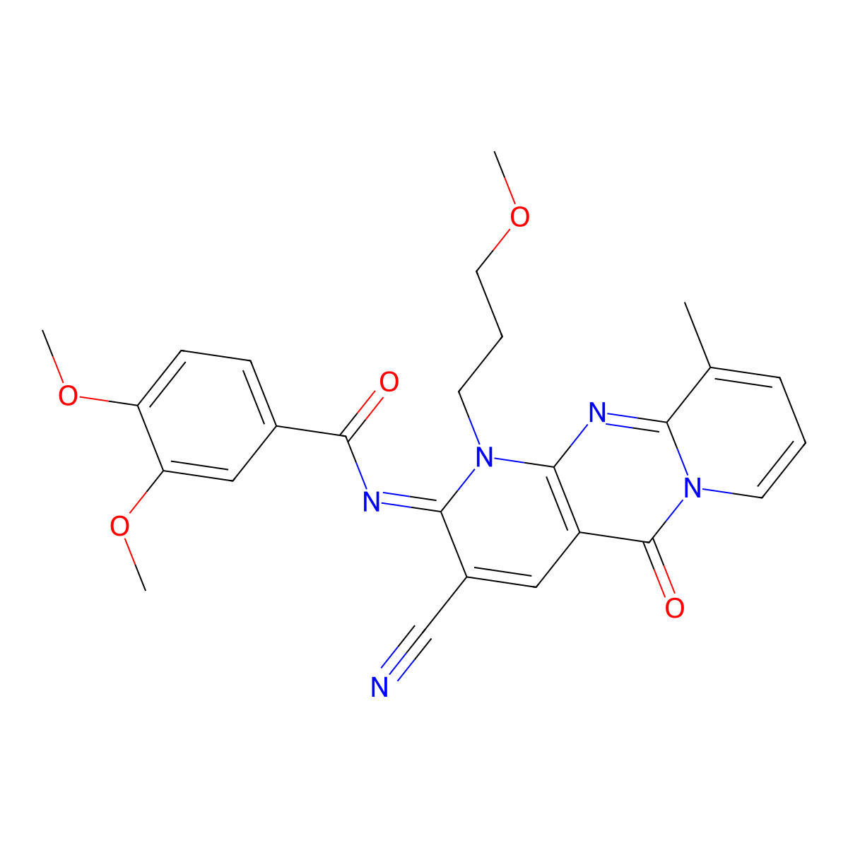 (E)-N-(3-cyano-1-(3-methoxypropyl)-10-methyl-5-oxo-1H-dipyrido[1,2-a:2',3'-d]pyrimidin-2(5H)-ylidene)-3,4-dimethoxybenzamide molecular structure, CAS 848206-04-2