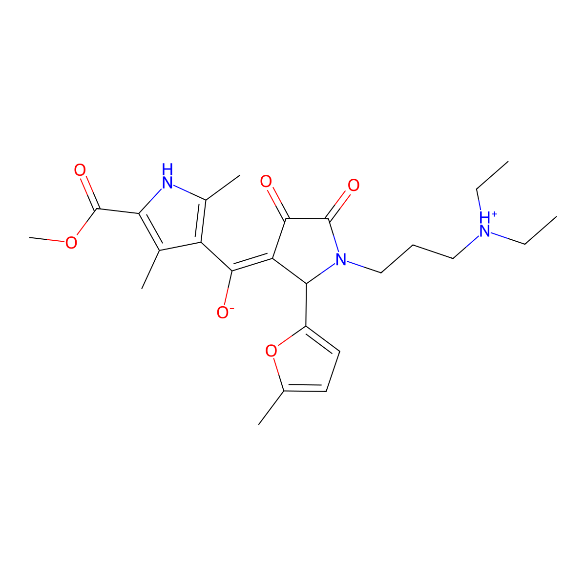 methyl 4-[[1-[3-(diethylamino)propyl]-2-(5-methylfuran-2-yl)-4,5-dioxopyrrolidin-3-ylidene]-hydroxymethyl]-3,5-dimethyl-1H-pyrrole-2-carboxylate molecular structure, CAS 848206-11-1