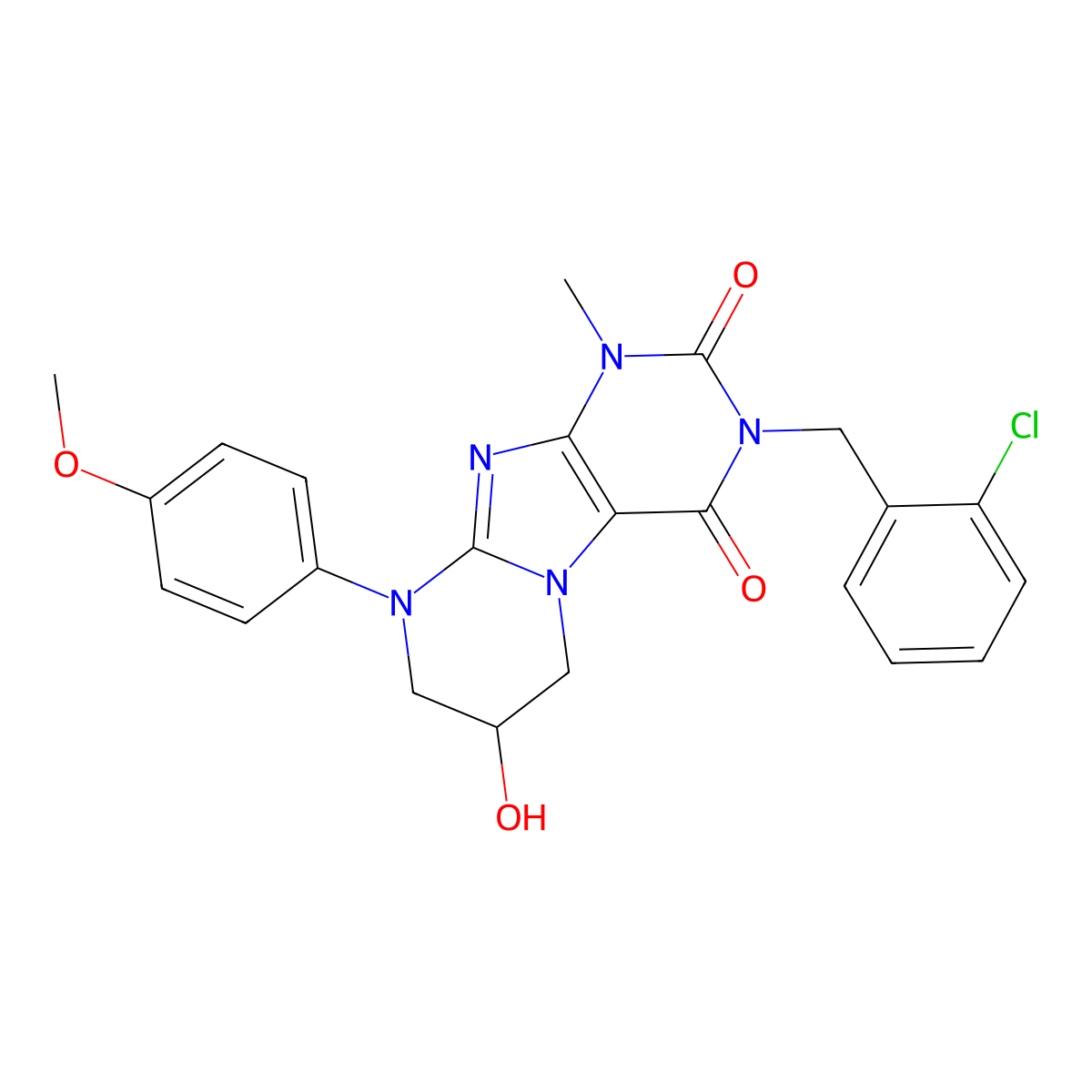 3-(2-chlorobenzyl)-7-hydroxy-9-(4-methoxyphenyl)-1-methyl-6,7,8,9-tetrahydropyrimido[2,1-f]purine-2,4(1H,3H)-dione molecular structure, CAS 848206-58-6