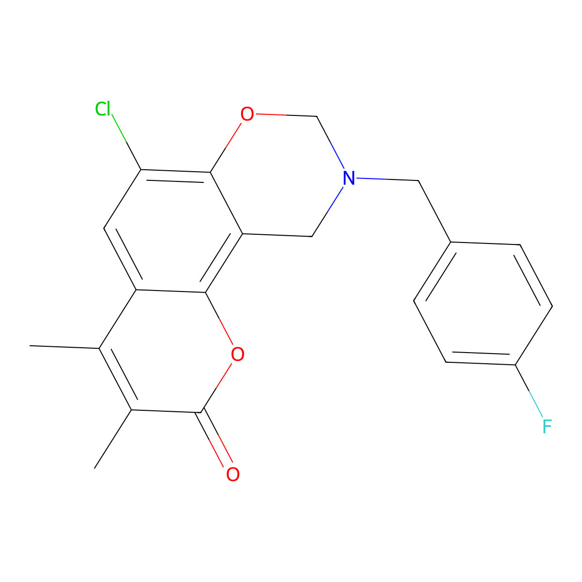 6-chloro-9-(4-fluorobenzyl)-3,4-dimethyl-9,10-dihydro-2H,8H-chromeno[8,7-e][1,3]oxazin-2-one molecular structure, CAS 848207-74-9